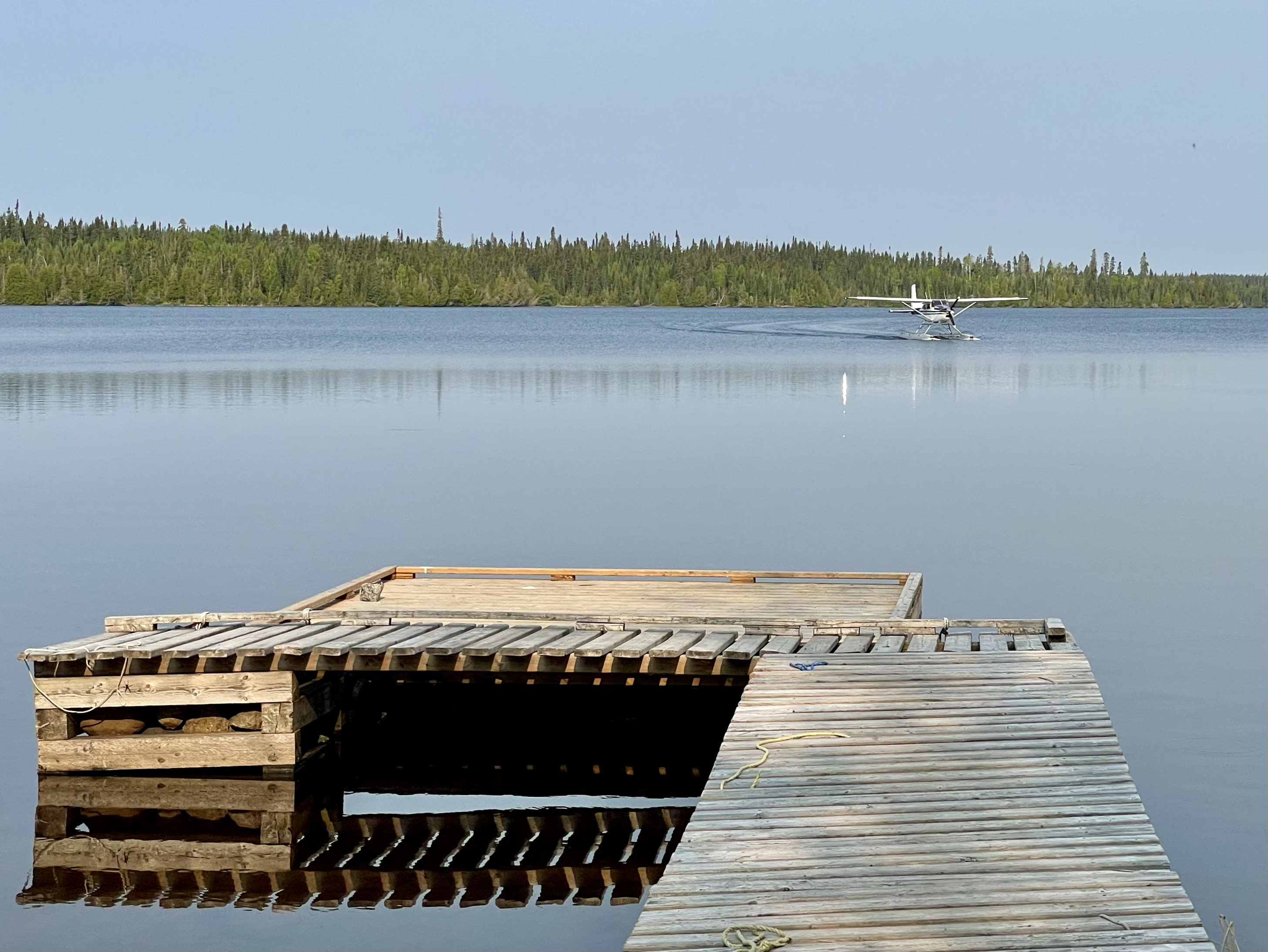 A wooden dock in the foreground of a calm lake with a floatplane taxiing in the distance against a backdrop of evergreen trees.