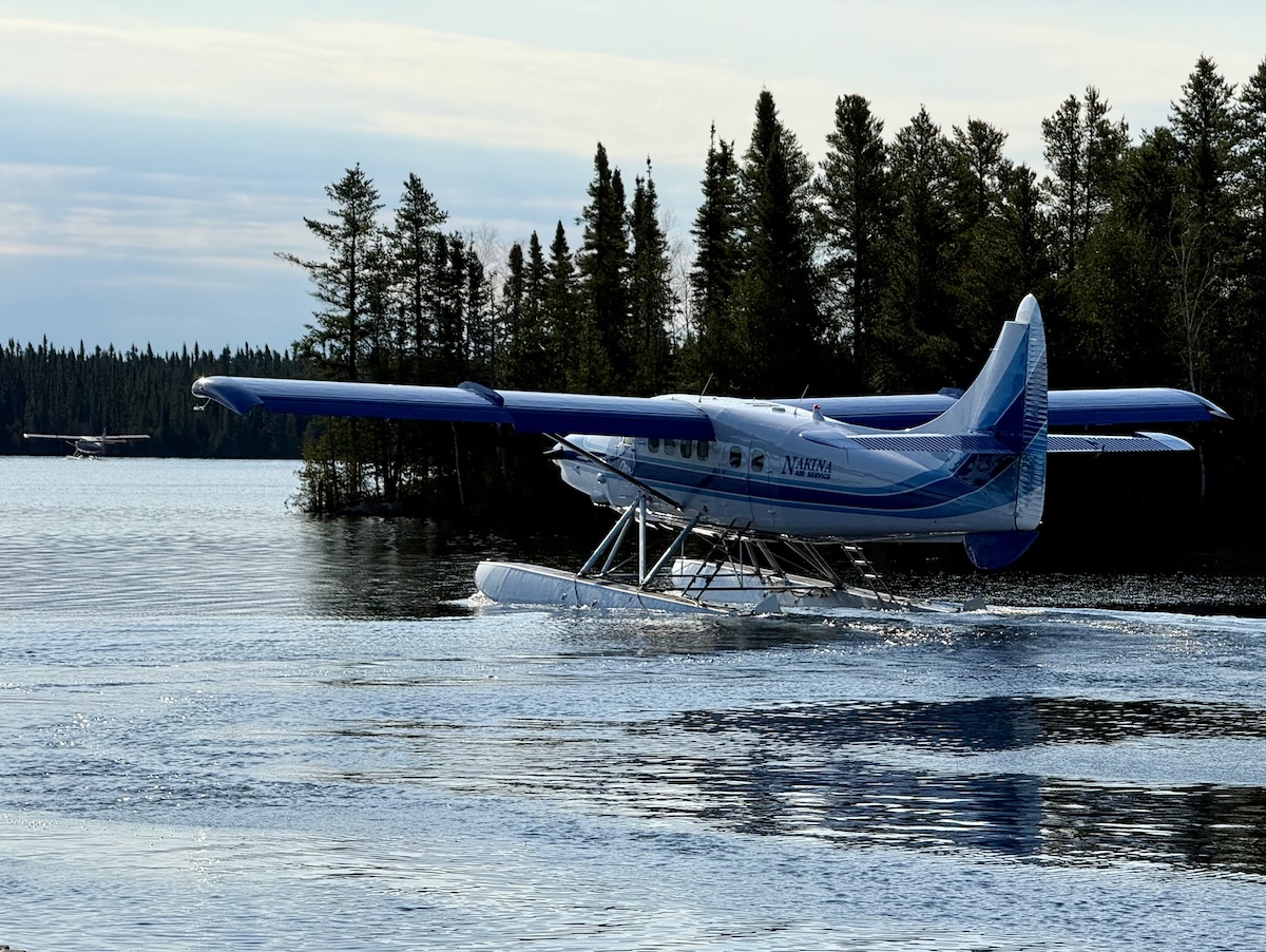 A white and blue Nakina Air Service floatplane taxiing on a calm lake surrounded by dense evergreen forest.