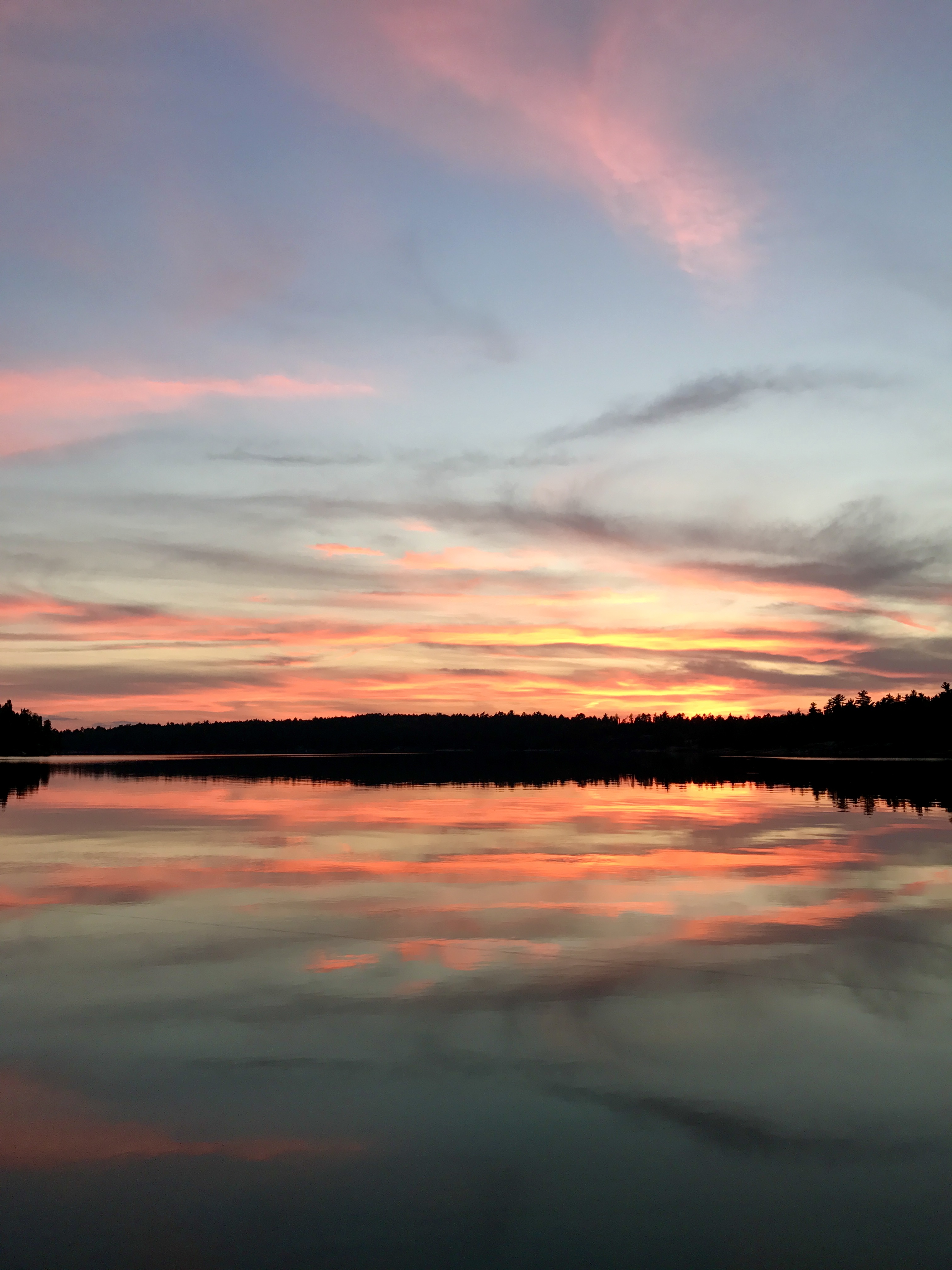 Vibrant pink and orange sunset reflecting on the calm surface of a remote lake with a dark forested shoreline silhouette.