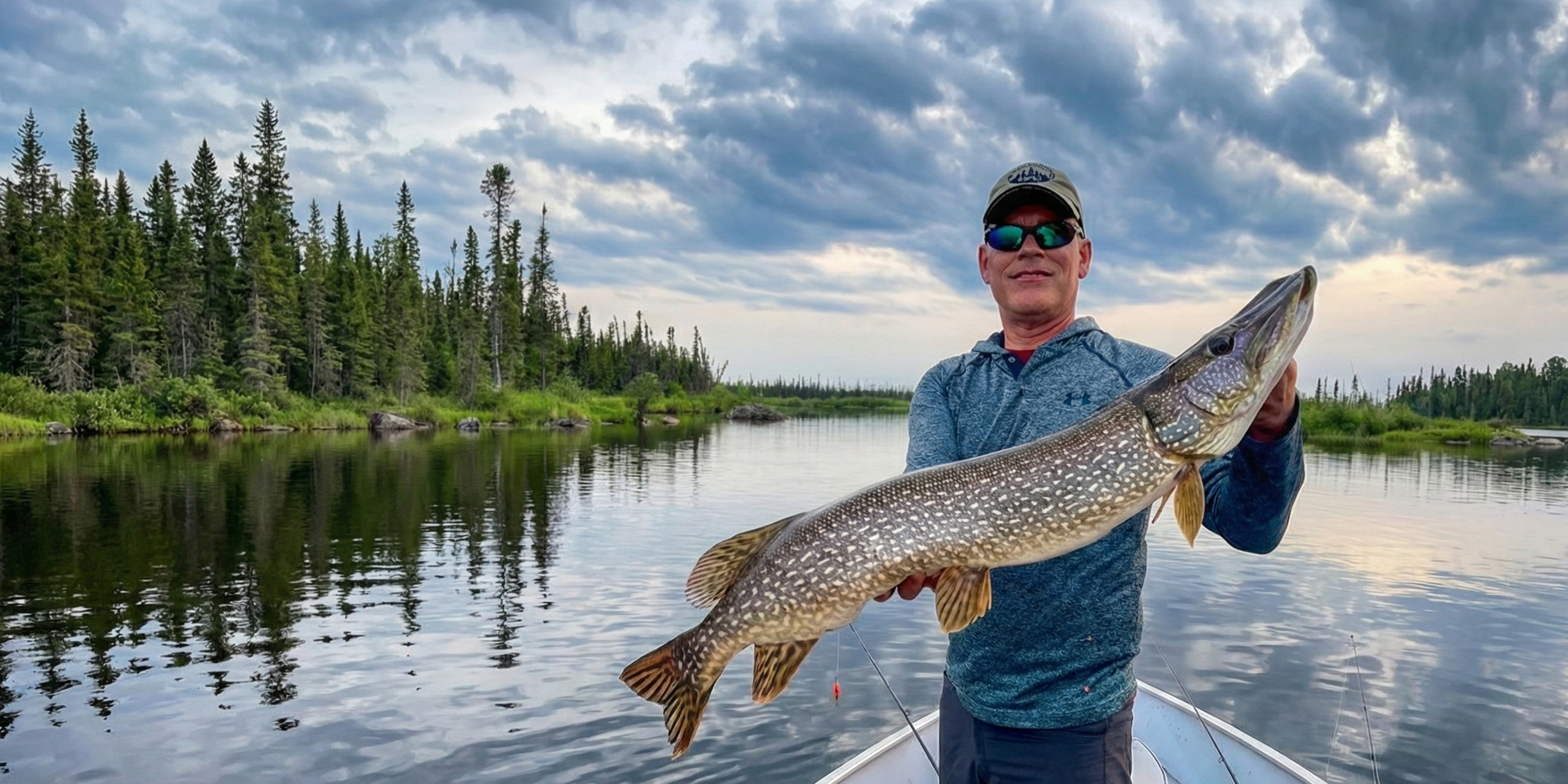 A fisherman holds a large Northern Pike horizontally in a boat on a calm lake with a forested shoreline.