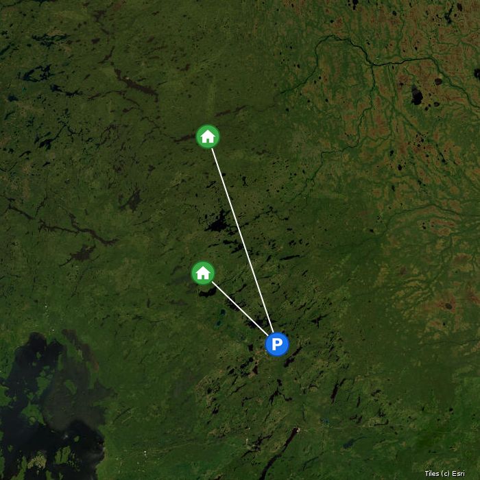Satellite map of Brace Lake Outfitters lodges and air base