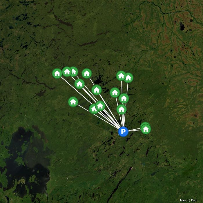 Satellite map of Twin Lakes Outfitters lodges and air base